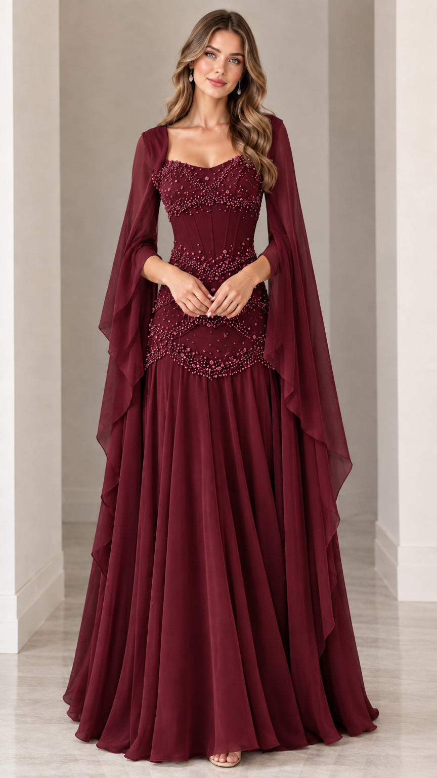 Front view of burgundy red pearl-detailed formal maxi dress with cape sleeves