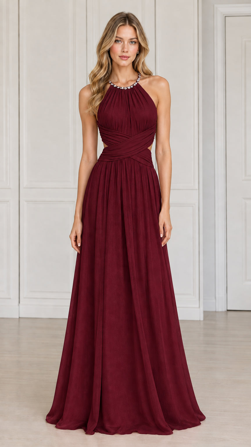 Front view of the embellished halter cutout maxi evening dress in rich burgundy red