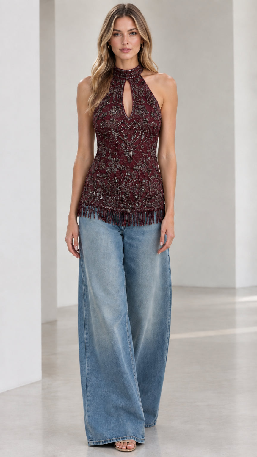 Burgundy wine embellished halter top with sequin embroidery and beaded fringe trim