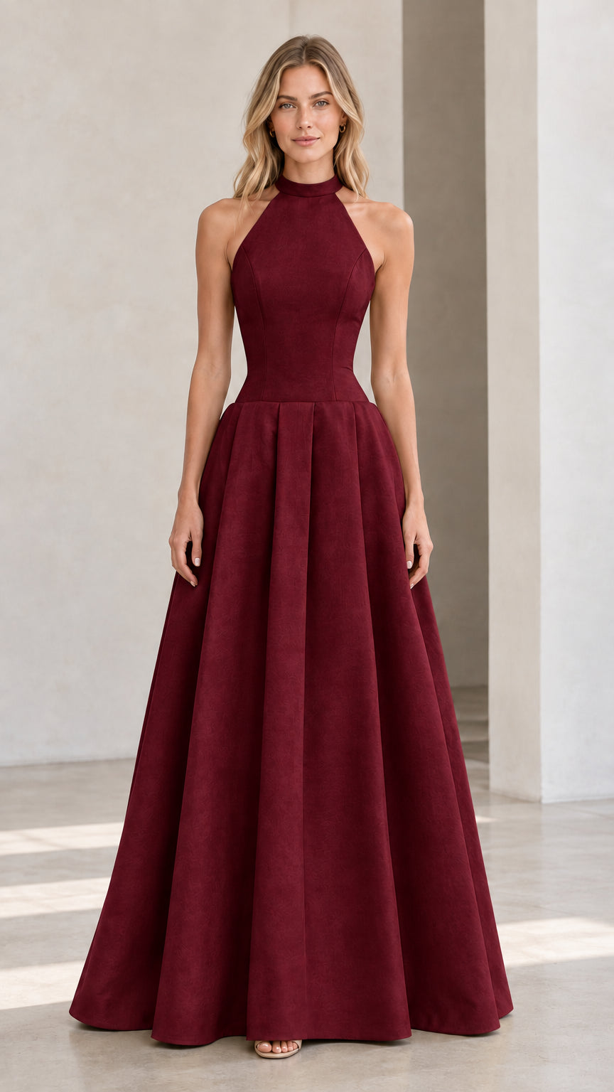 Full-length studio view of model wearing burgundy red halter backless formal maxi dress