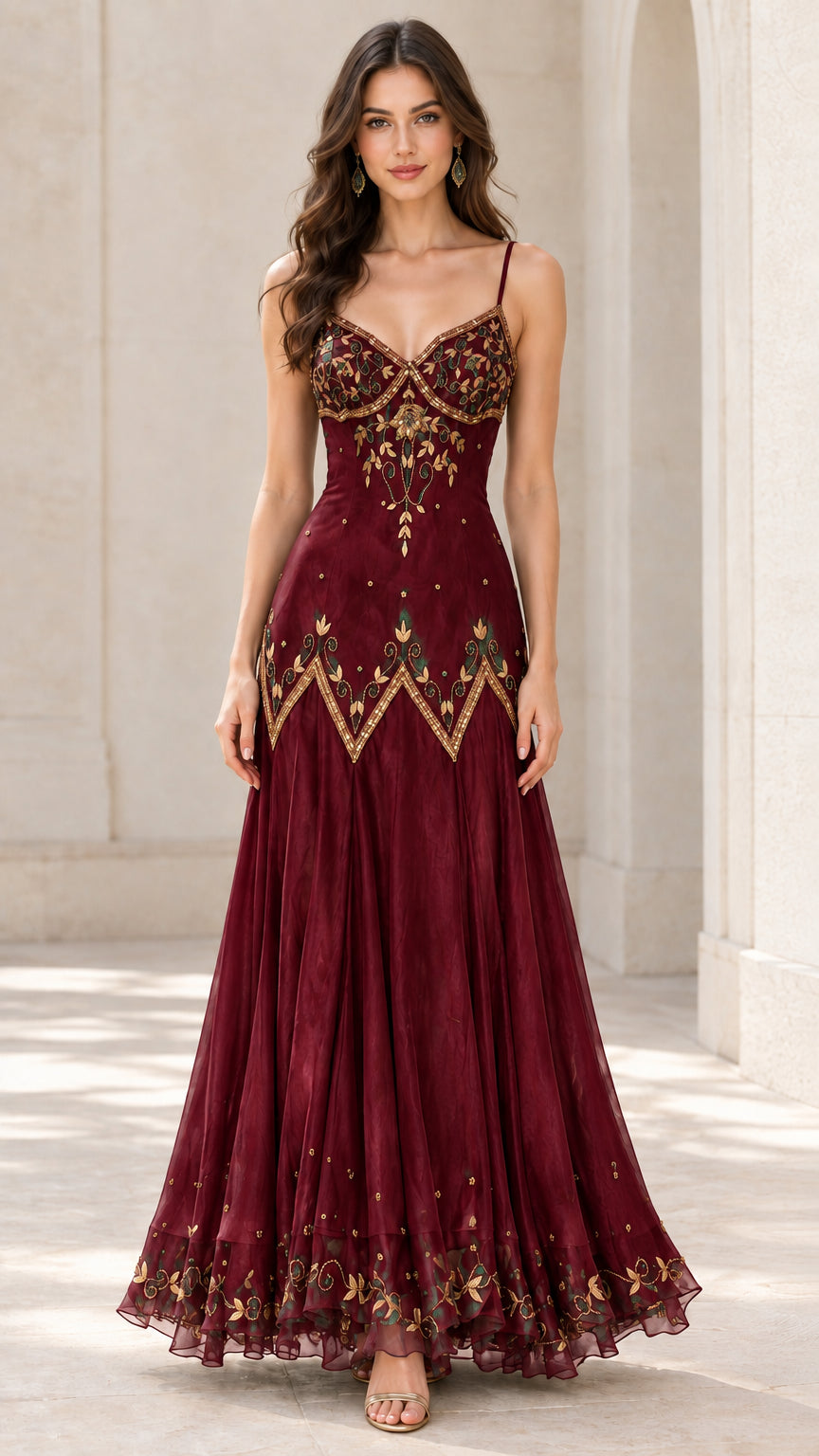 Front view of woman in burgundy embroidered sweetheart maxi evening gown