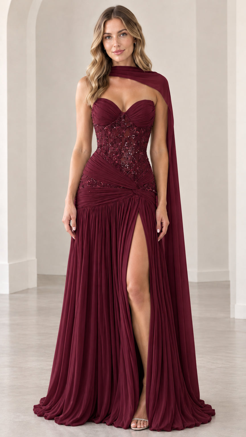 Front view of burgundy strapless evening gown with embellished bodice and dramatic scarf drape