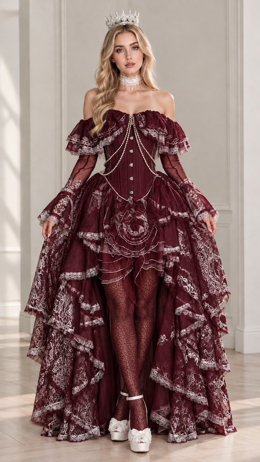 Front view of model wearing burgundy wine-red Victorian tiered lace corset dress
