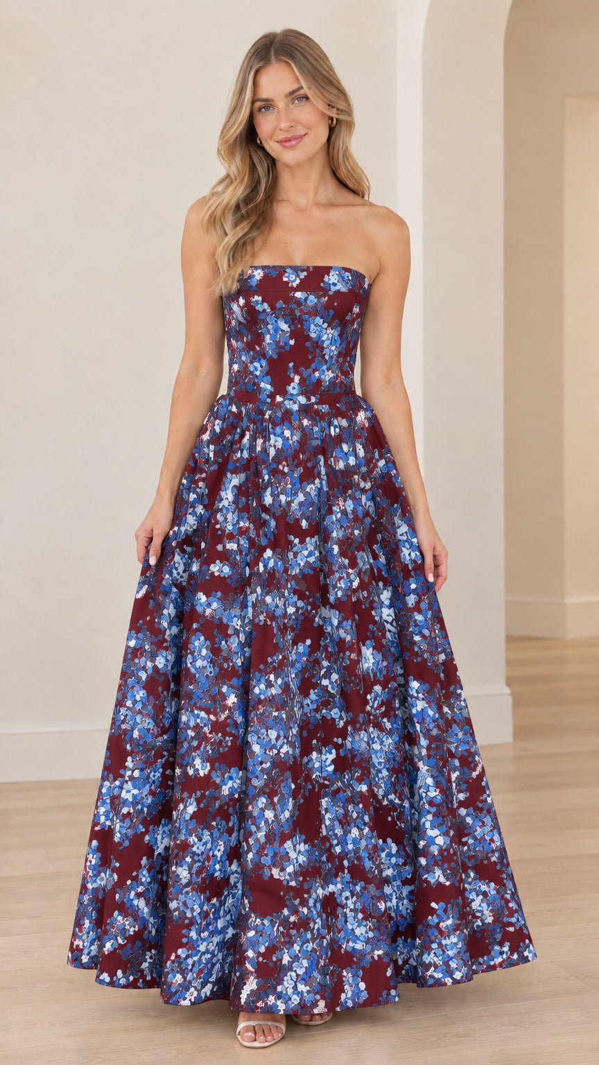 Full-length view of burgundy red floral strapless ballgown