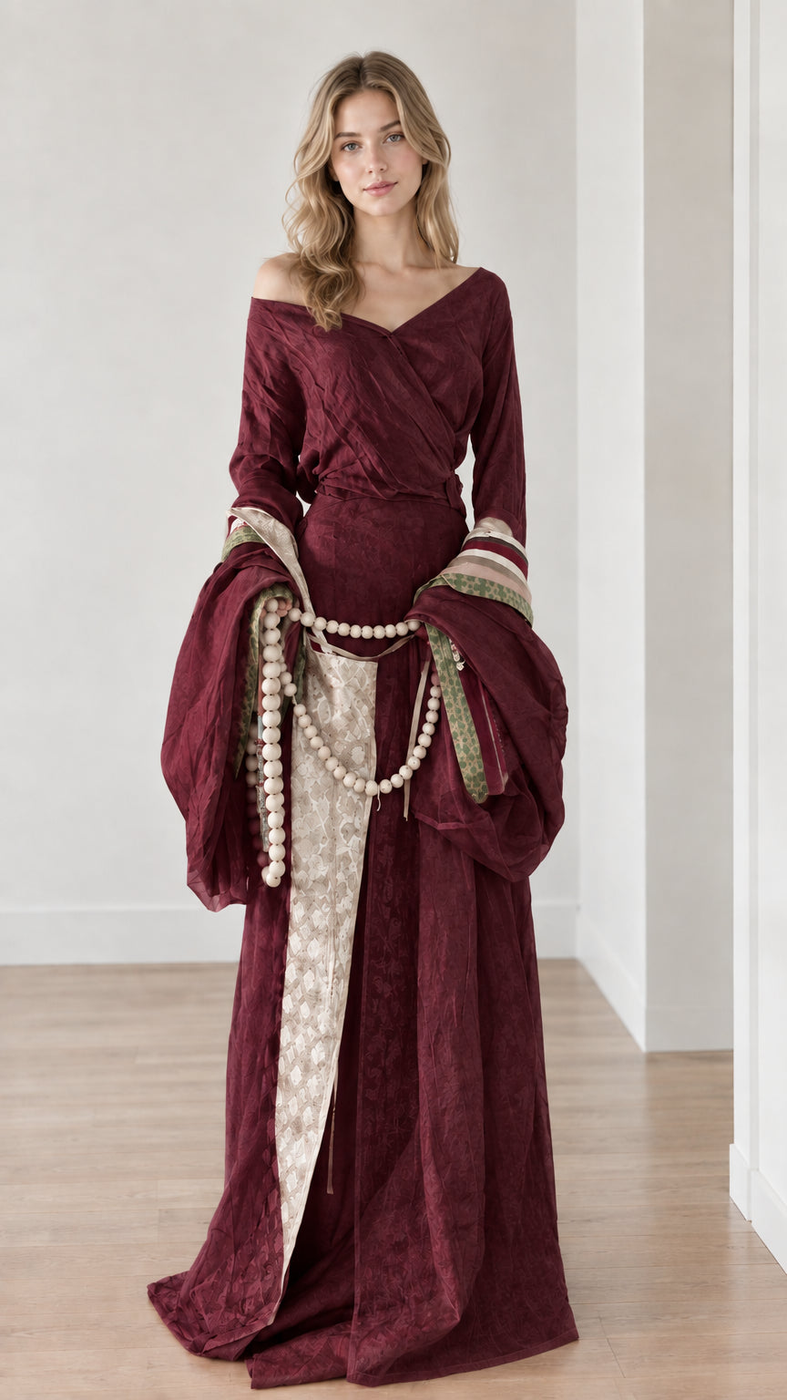 Burgundy wine medieval maxi dress with brocade front panel and long bell sleeves