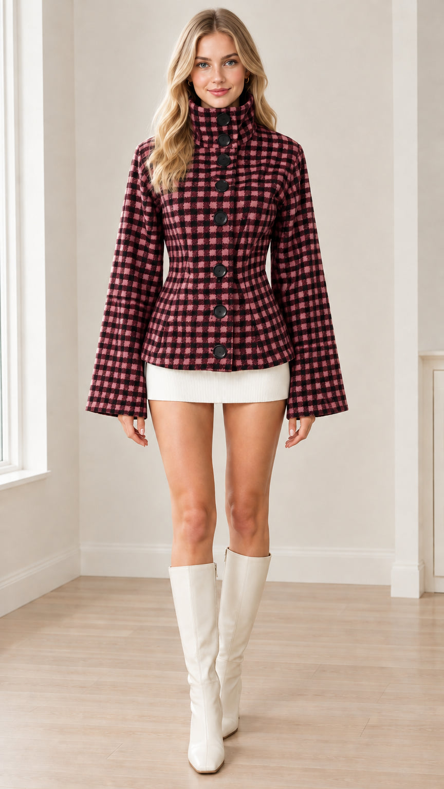 Full-length front view of model wearing burgundy and black check high-neck jacket