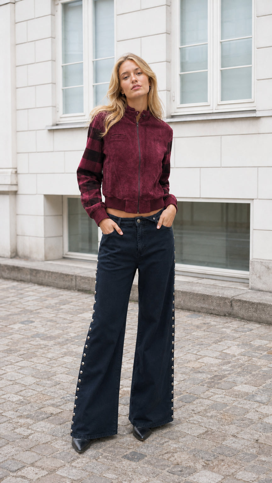 Model wearing Burgundy red faux suede cropped bomber jacket