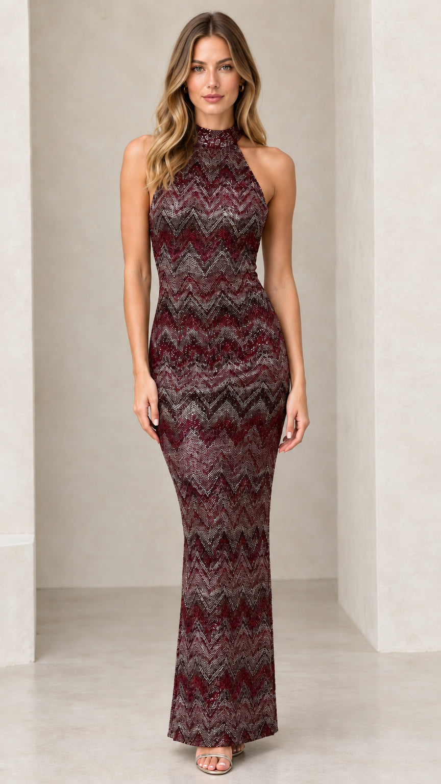 Model wearing burgundy wine metallic chevron halter maxi dress