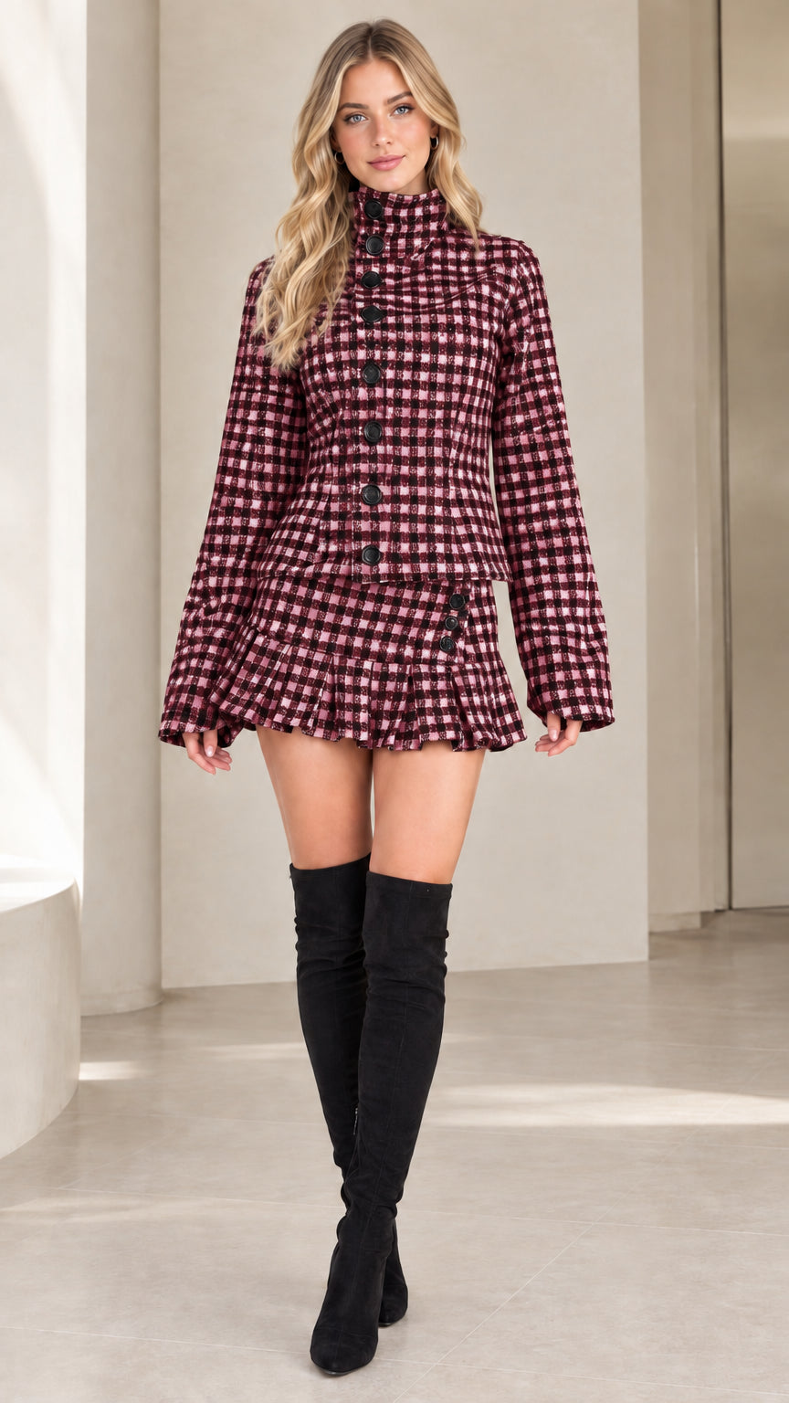 Front view of burgundy check high-neck jacket and pleated skirt two-piece set