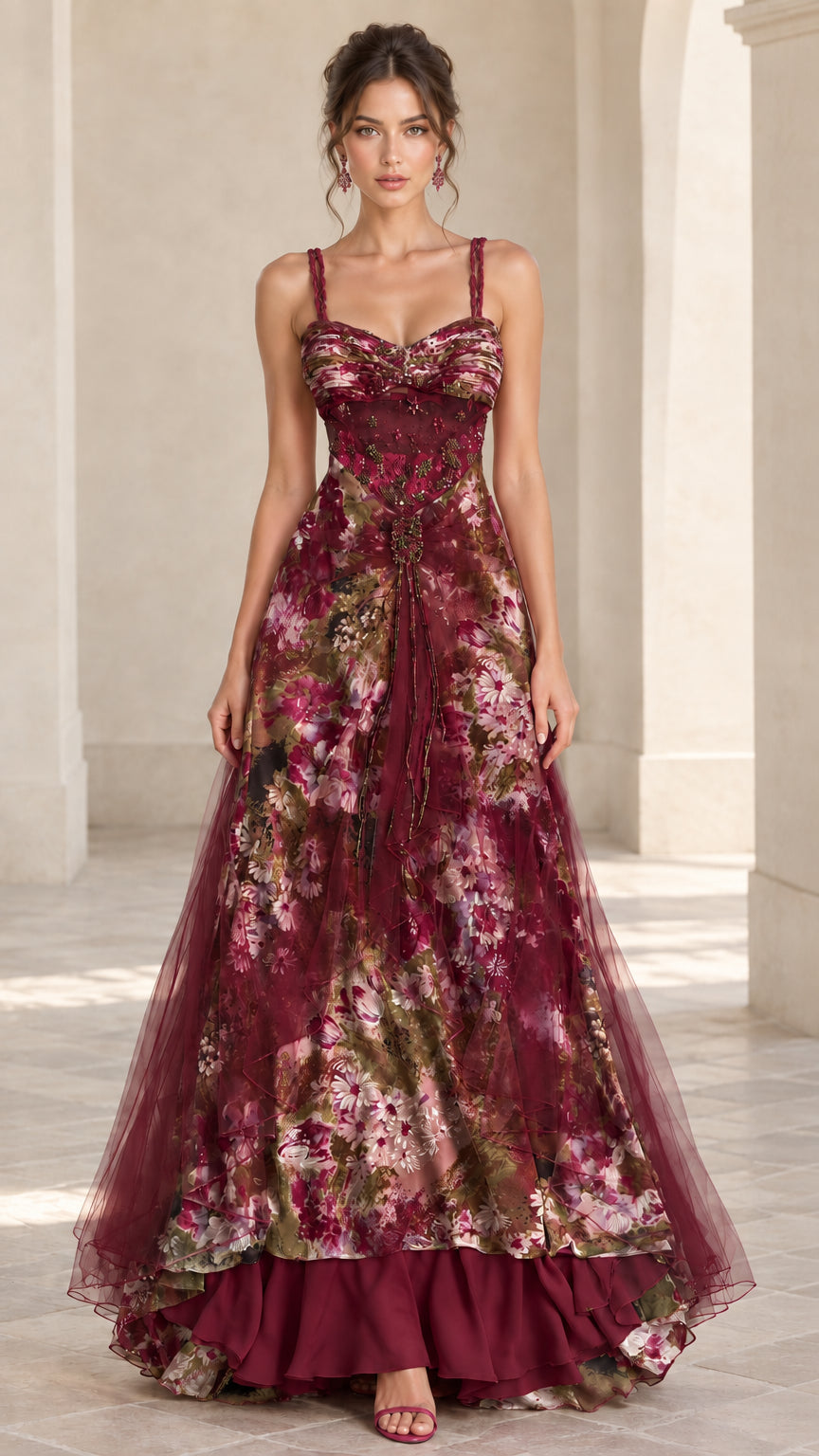 Front view of burgundy floral sweetheart A-line formal gown