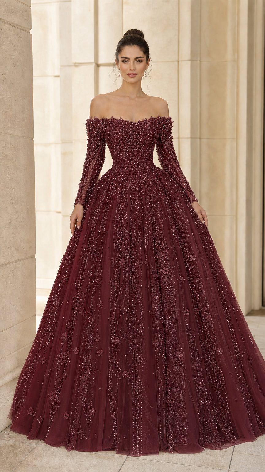 Front view of burgundy wine off-the-shoulder pearl embellished ball gown