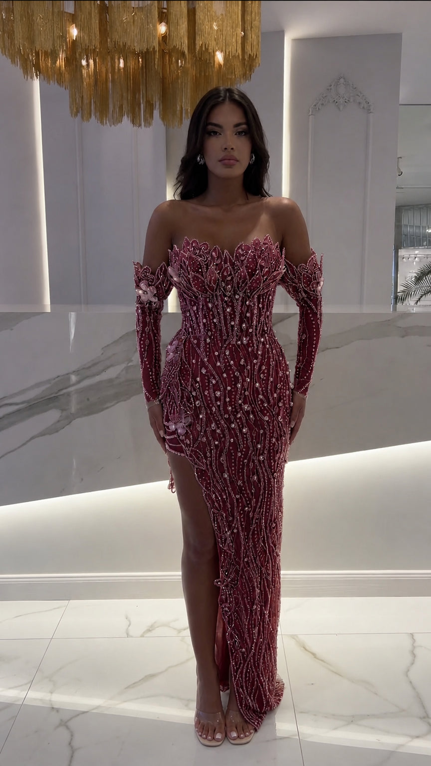 Burgundy pearl embellished evening dress with sweetheart neckline and high slit