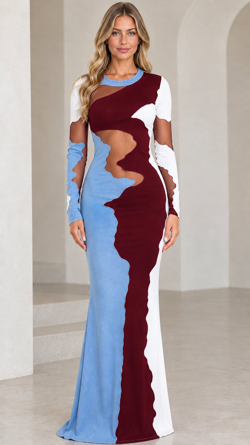 Model wearing Burgundy, blue, and white wavy colorblock long sleeve evening maxi dress