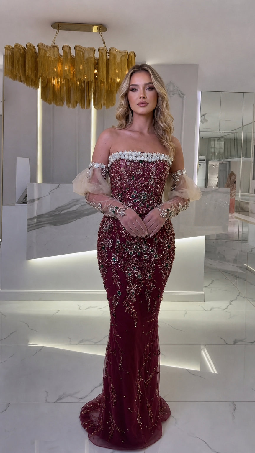 Burgundy wine crystal beaded off-the-shoulder formal evening dress
