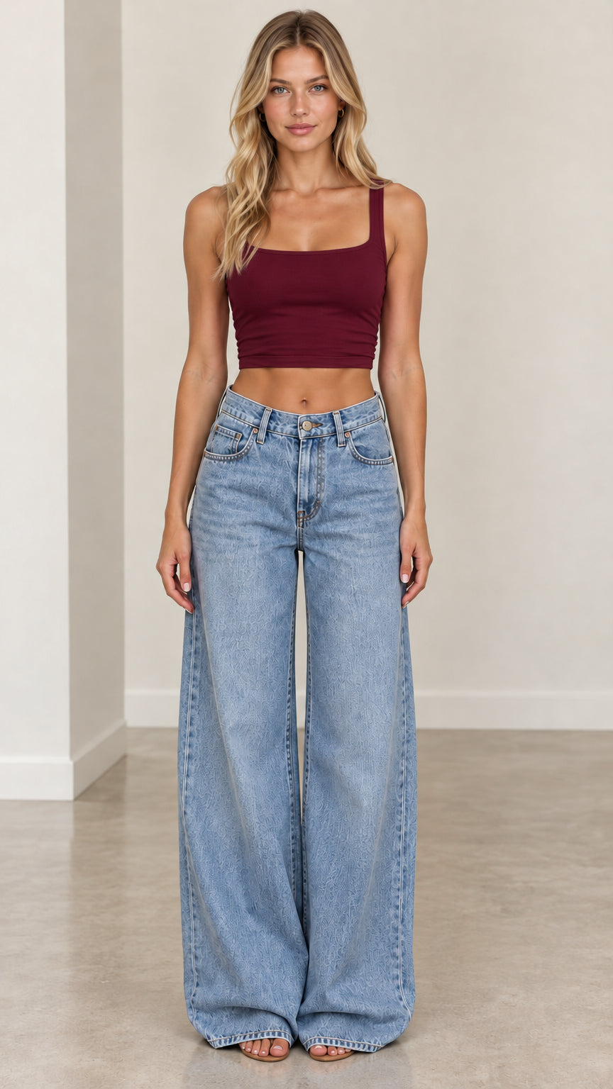 Full-body front view of woman wearing light blue wide-leg jeans styled with burgundy crop top