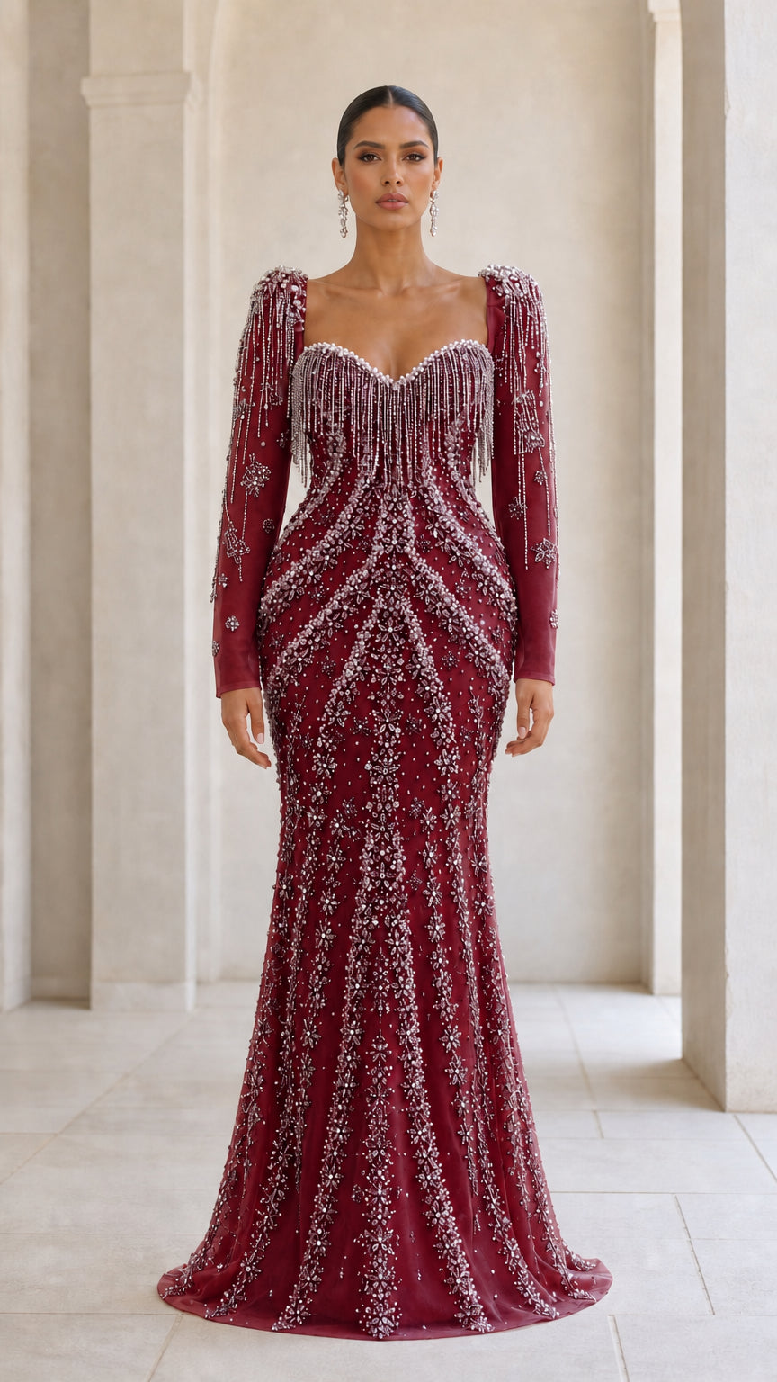 Burgundy red beaded long sleeve mermaid evening dress front view