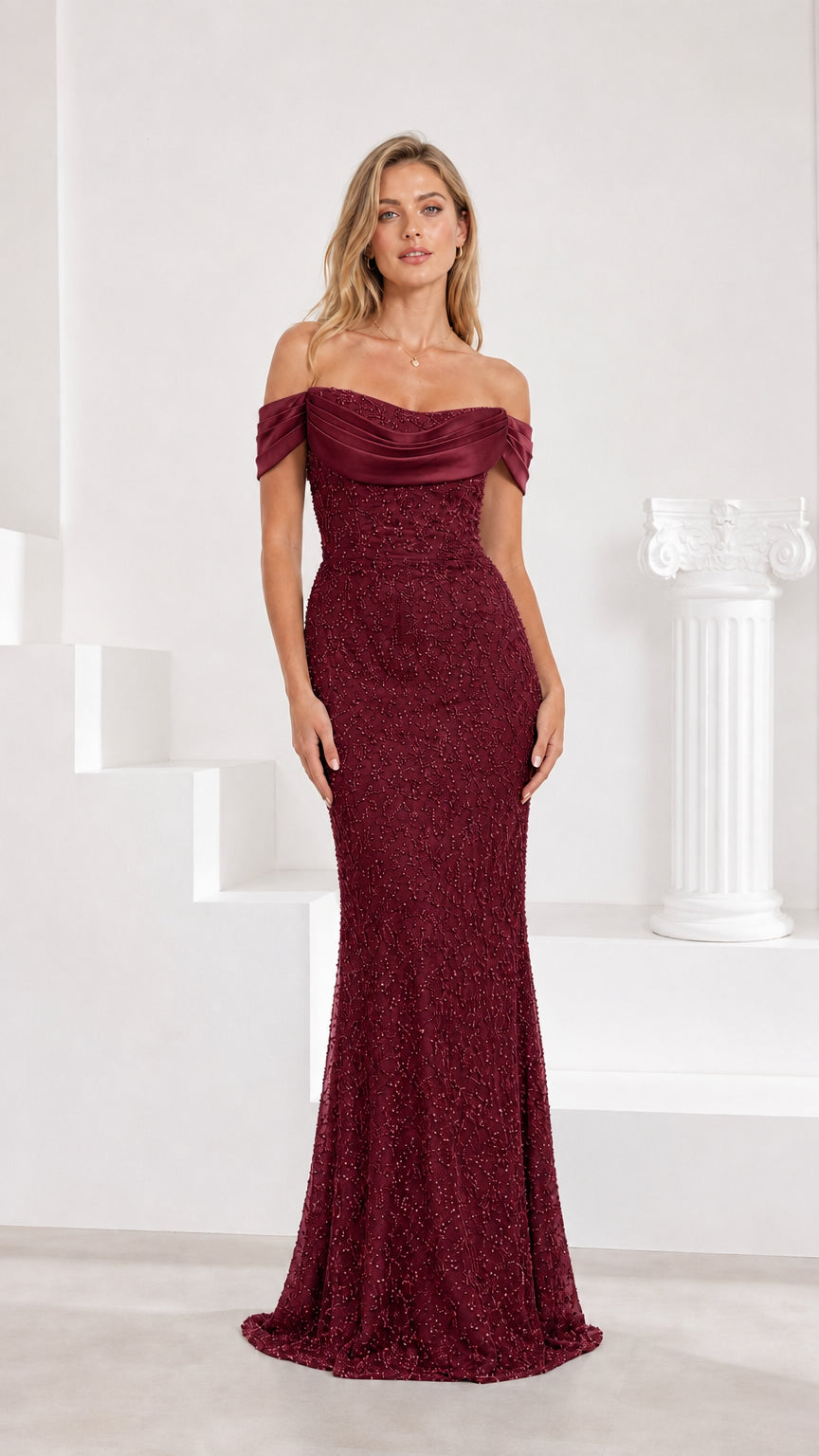 Burgundy wine off-the-shoulder sequined lace evening dress