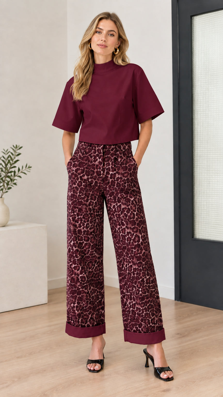 Model wearing burgundy mock-neck top and burgundy printed wide-leg pants