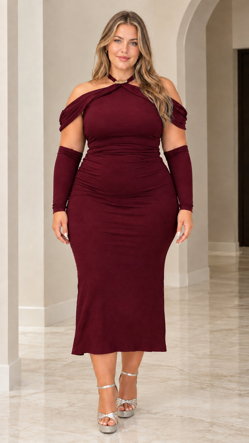 Burgundy wine red halter ruched midi bodycon dress with matching sleeves