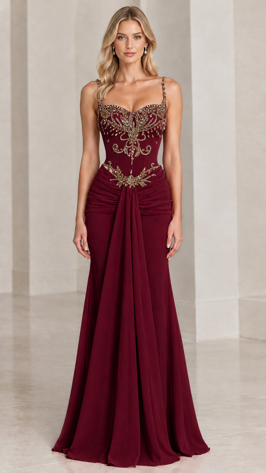 Full front view of burgundy wine red beaded corset mermaid evening gown
