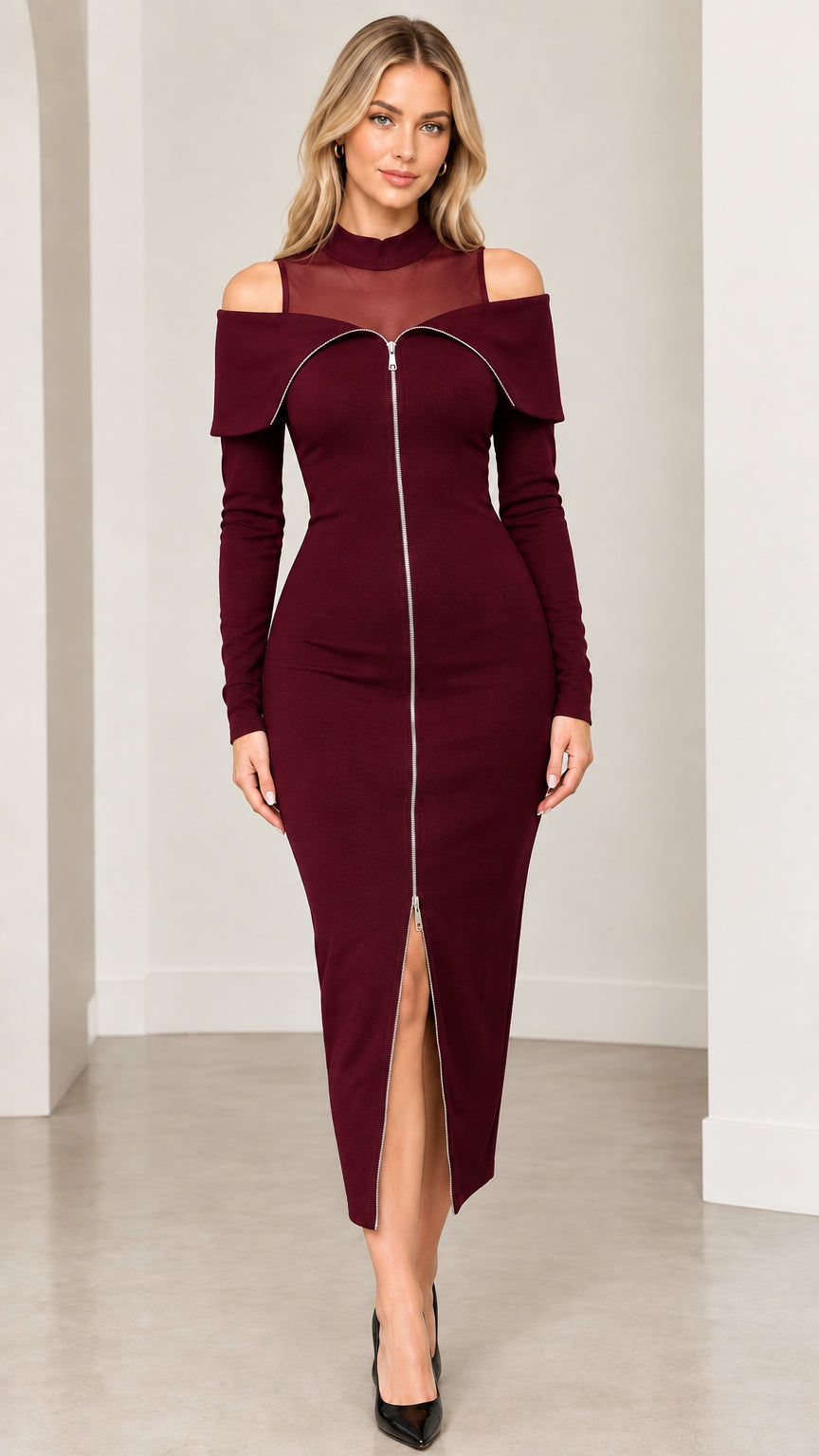Front view of burgundy mesh mock neck cold shoulder zip front midi dress