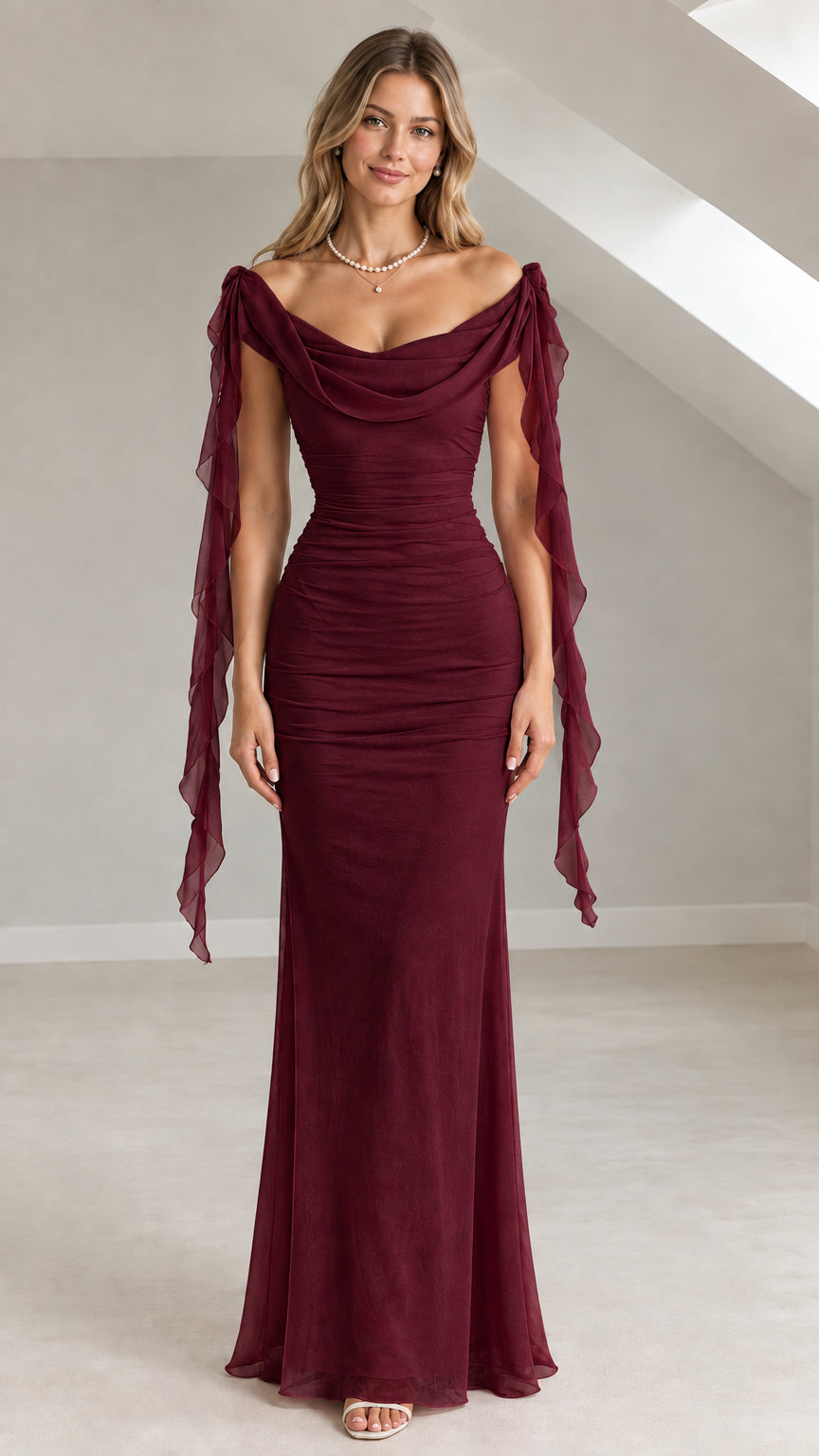 Front view of a model wearing a rich burgundy off-the-shoulder ruched cowl neck evening gown