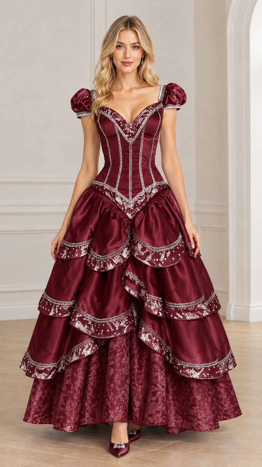 Model wearing burgundy Victorian corset ball gown with tiered skirt