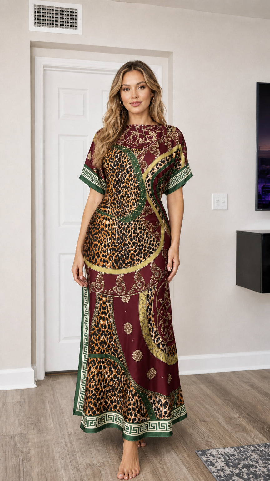 Front full-length view of woman wearing Burgundy wine baroque leopard print satin maxi kaftan dress