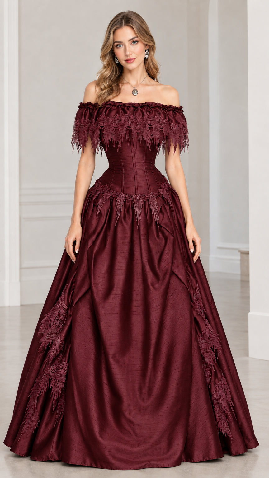 Front view of woman wearing burgundy wine red off-shoulder corset ball gown