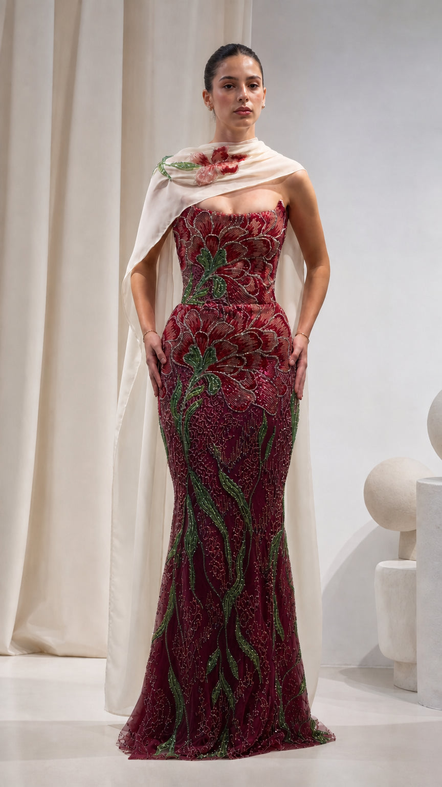Burgundy floral beaded strapless maxi evening dress with draped scarf