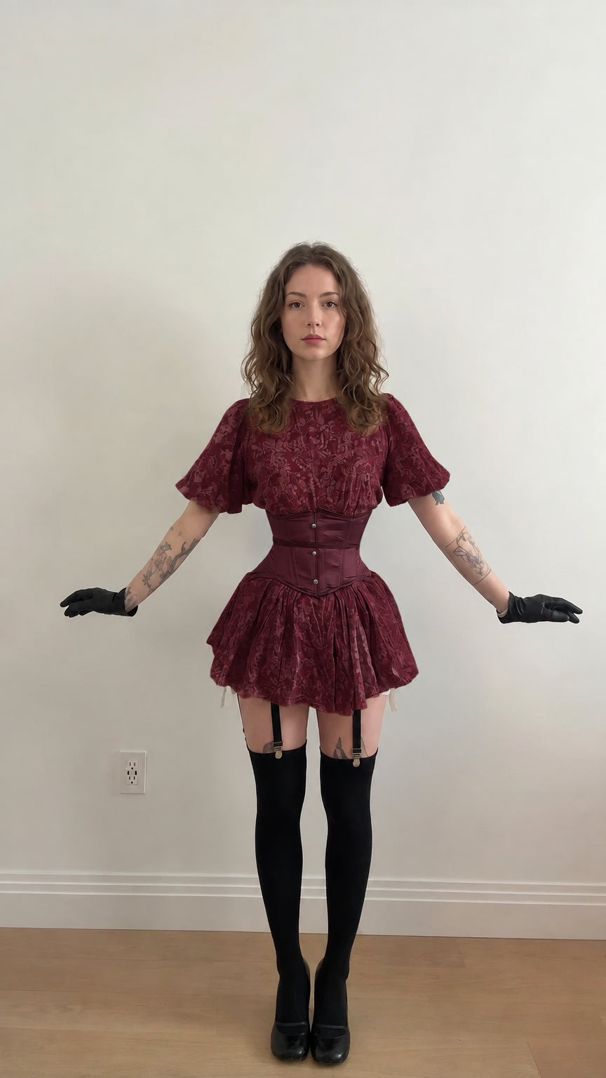 Front view of model wearing deep burgundy floral puff sleeve mini dress with wine red corset belt