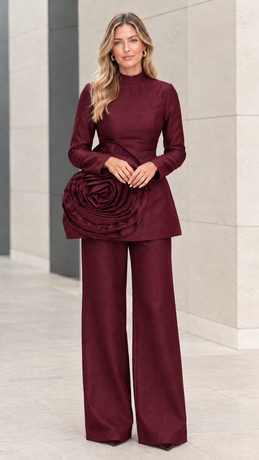Full front view of burgundy high neck rosette tunic top and wide leg pants set