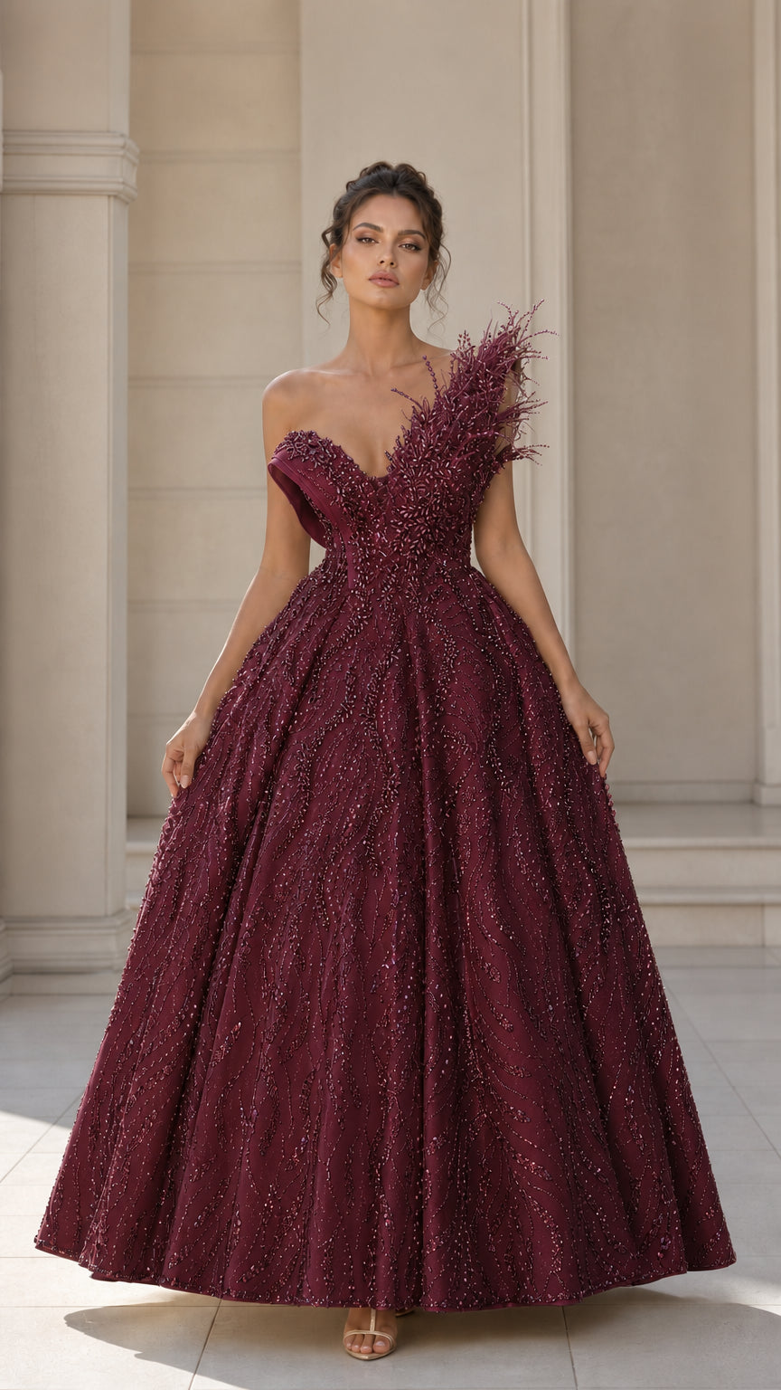 Burgundy red asymmetrical beaded evening dress