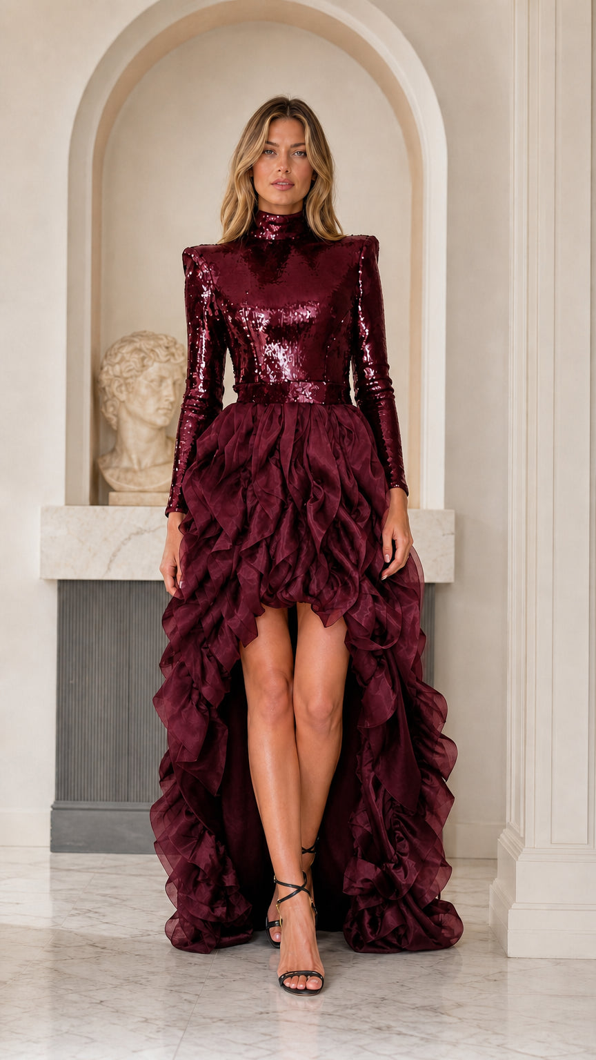 Front view of burgundy wine red sequin high-low ruffle gala gown