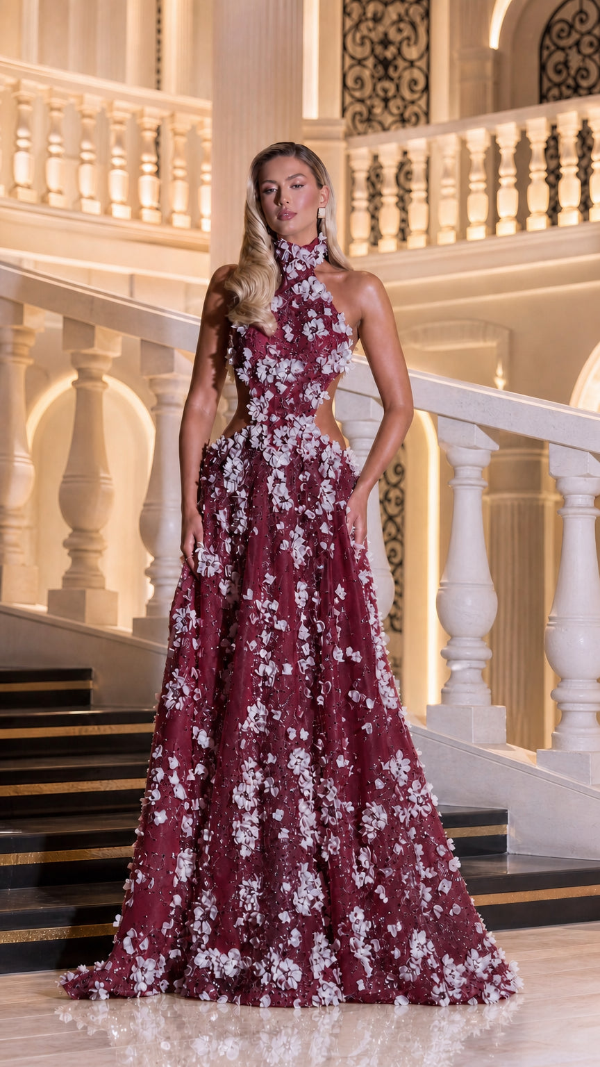 Full front view of burgundy wine 3D floral cutout evening gown
