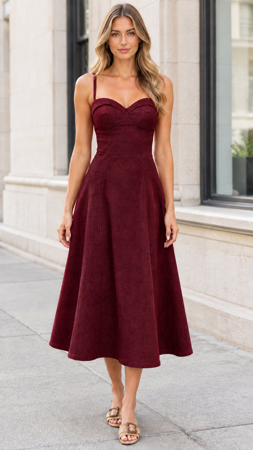 Front full-length view of model wearing burgundy wine bustier A-line midi dress