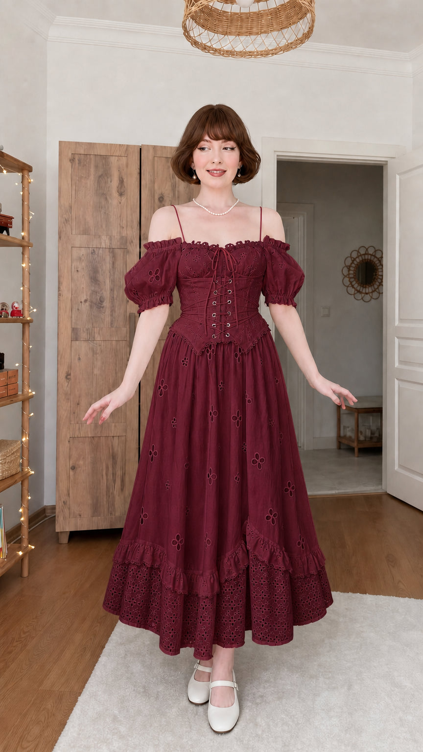 Woman wearing burgundy wine red off-shoulder eyelet midi dress