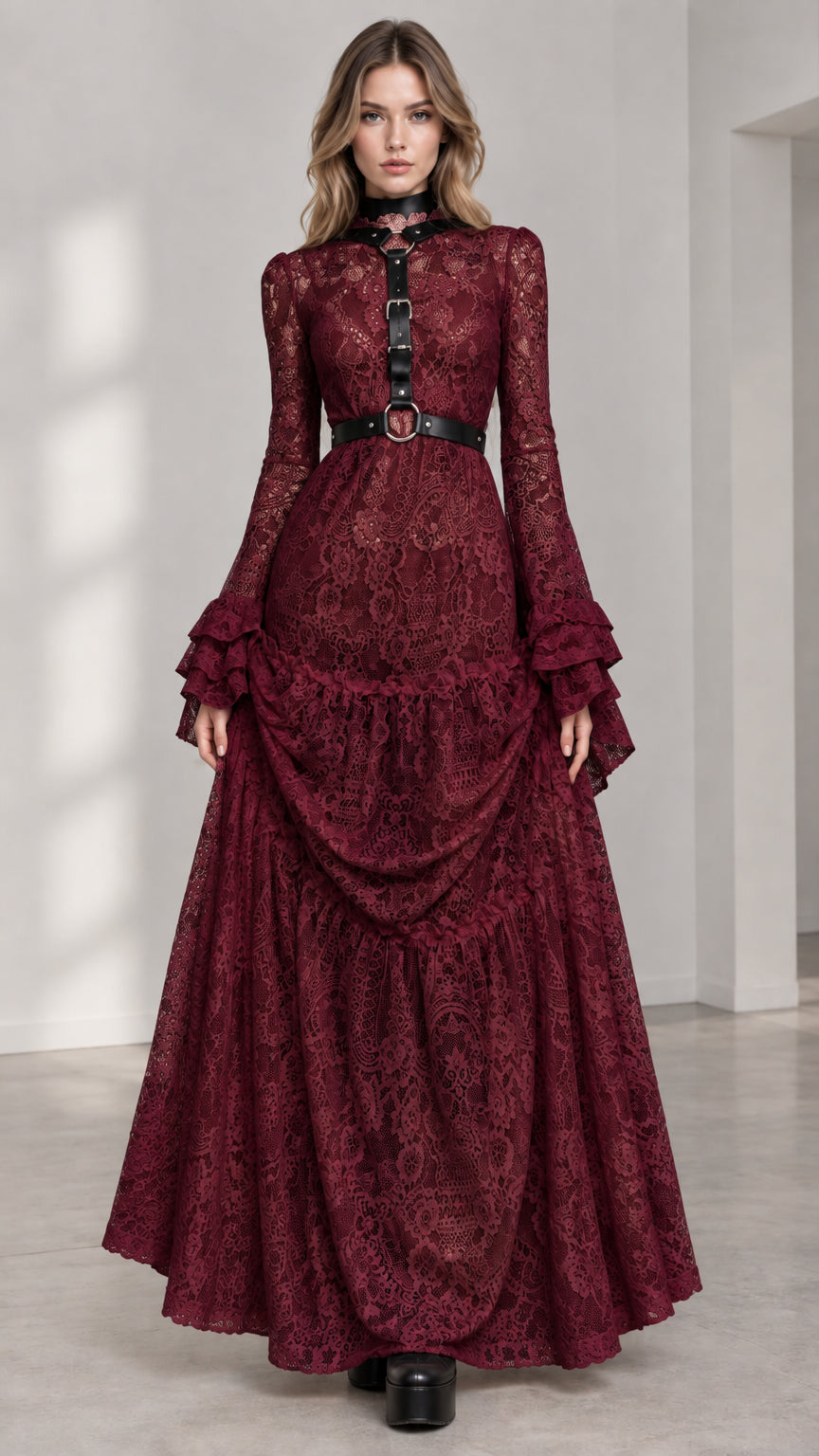 Full-length front view of woman wearing Burgundy Wine Red lace maxi dress with harness