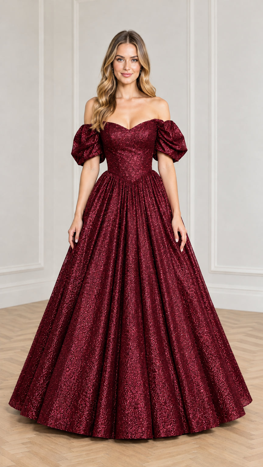 Front view of model wearing burgundy red glitter off-shoulder puff sleeve ball gown