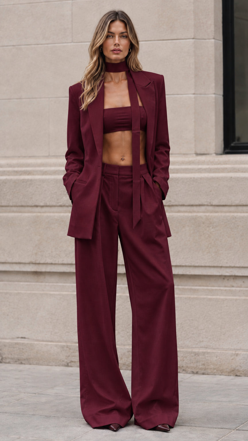 Front view of burgundy wine red three-piece tailored pantsuit set