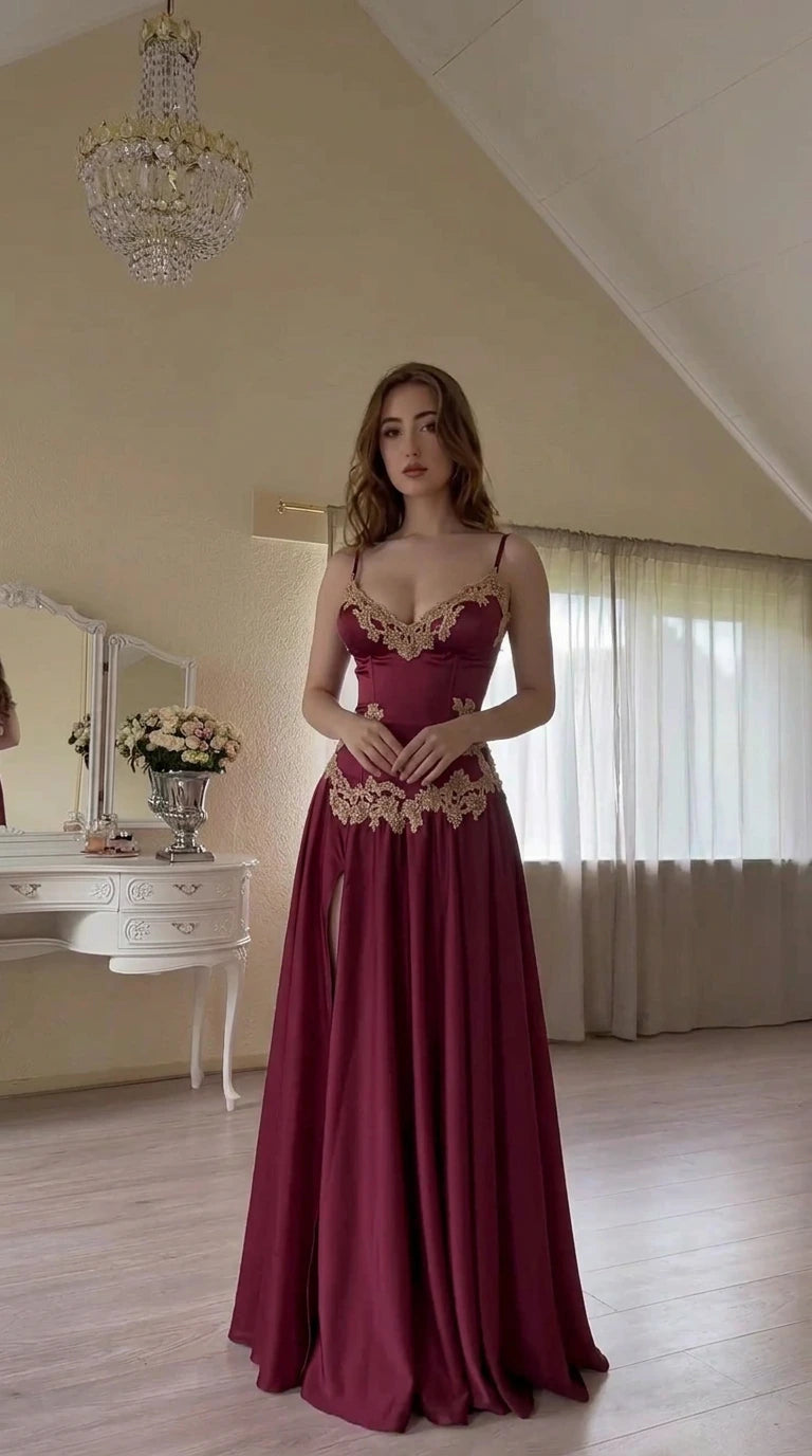 Front view of burgundy wine red satin evening gown with beaded embroidery