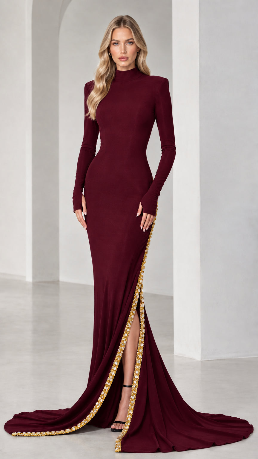 Model wearing burgundy high neck long sleeve evening gown with beaded slit