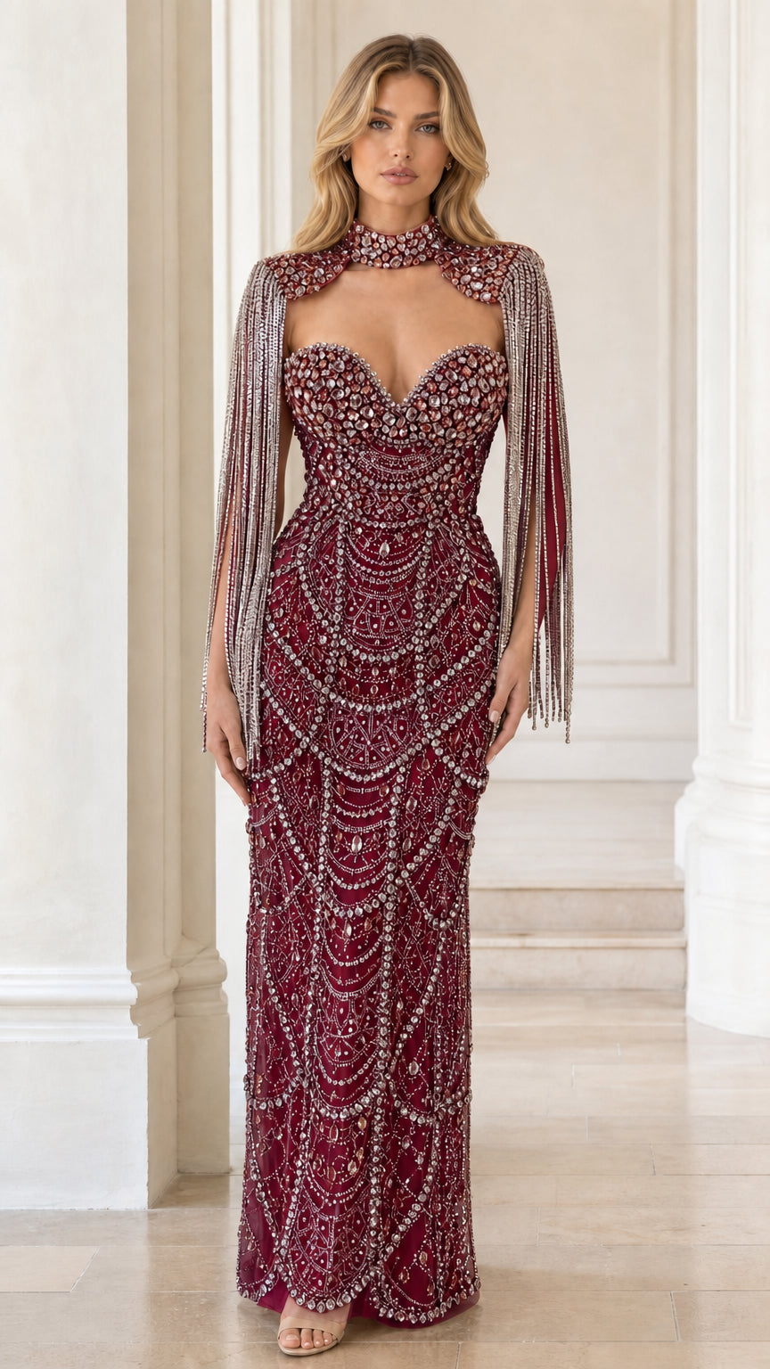 Front view of burgundy crystal embellished floor-length formal gown with capelet