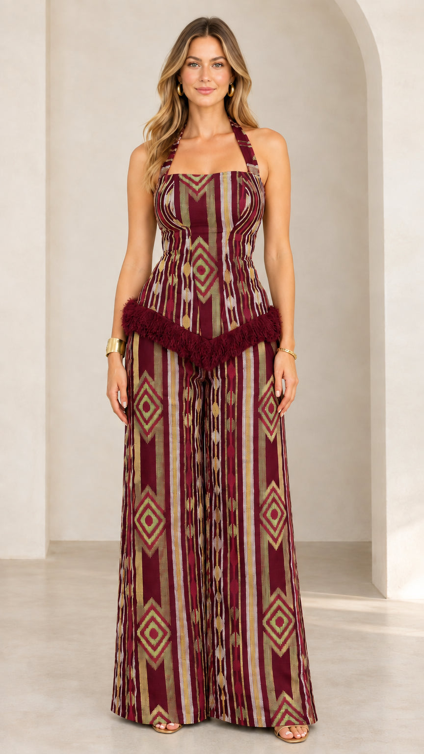 Burgundy and wine geometric print halter top and wide leg pant set