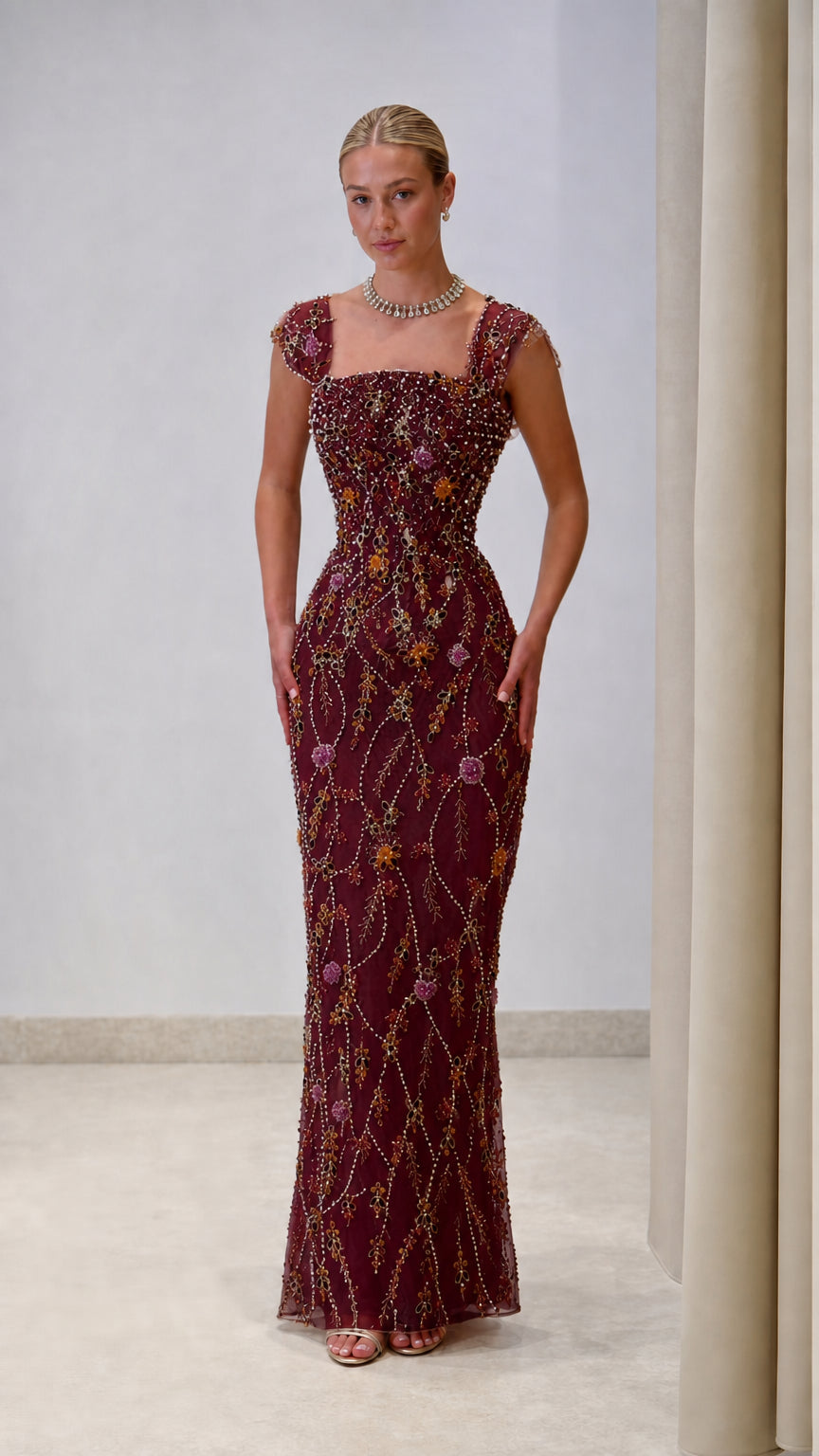 Burgundy wine floral embellished square neck formal evening gown