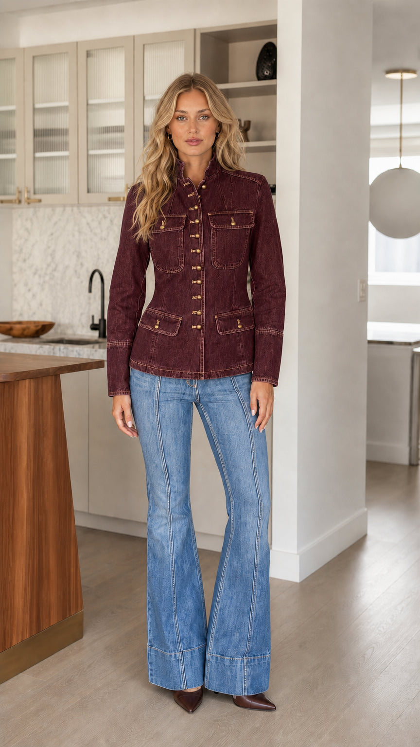 Model wearing burgundy wine red tailored denim jacket