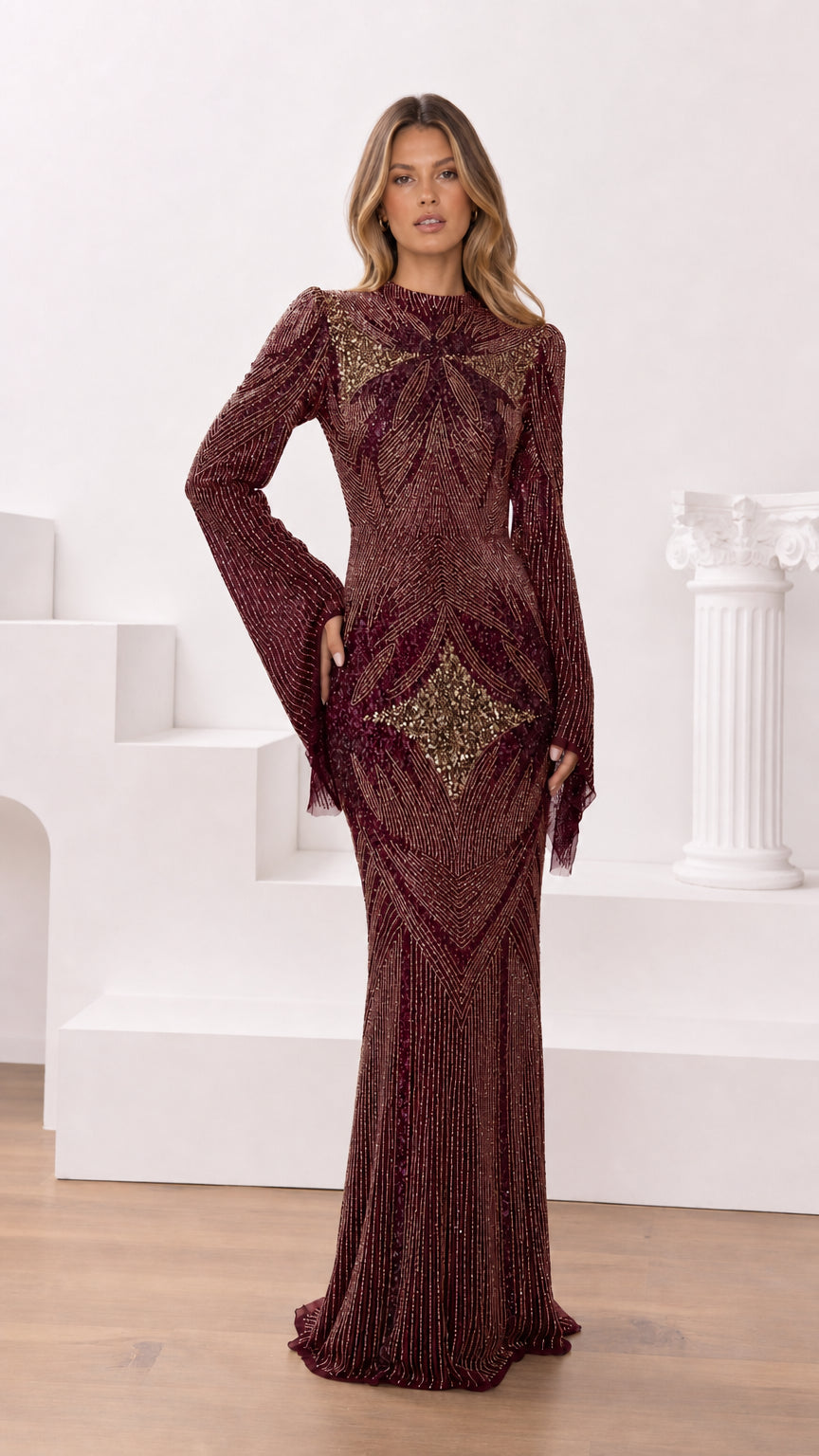 Burgundy wine red beaded formal evening gown