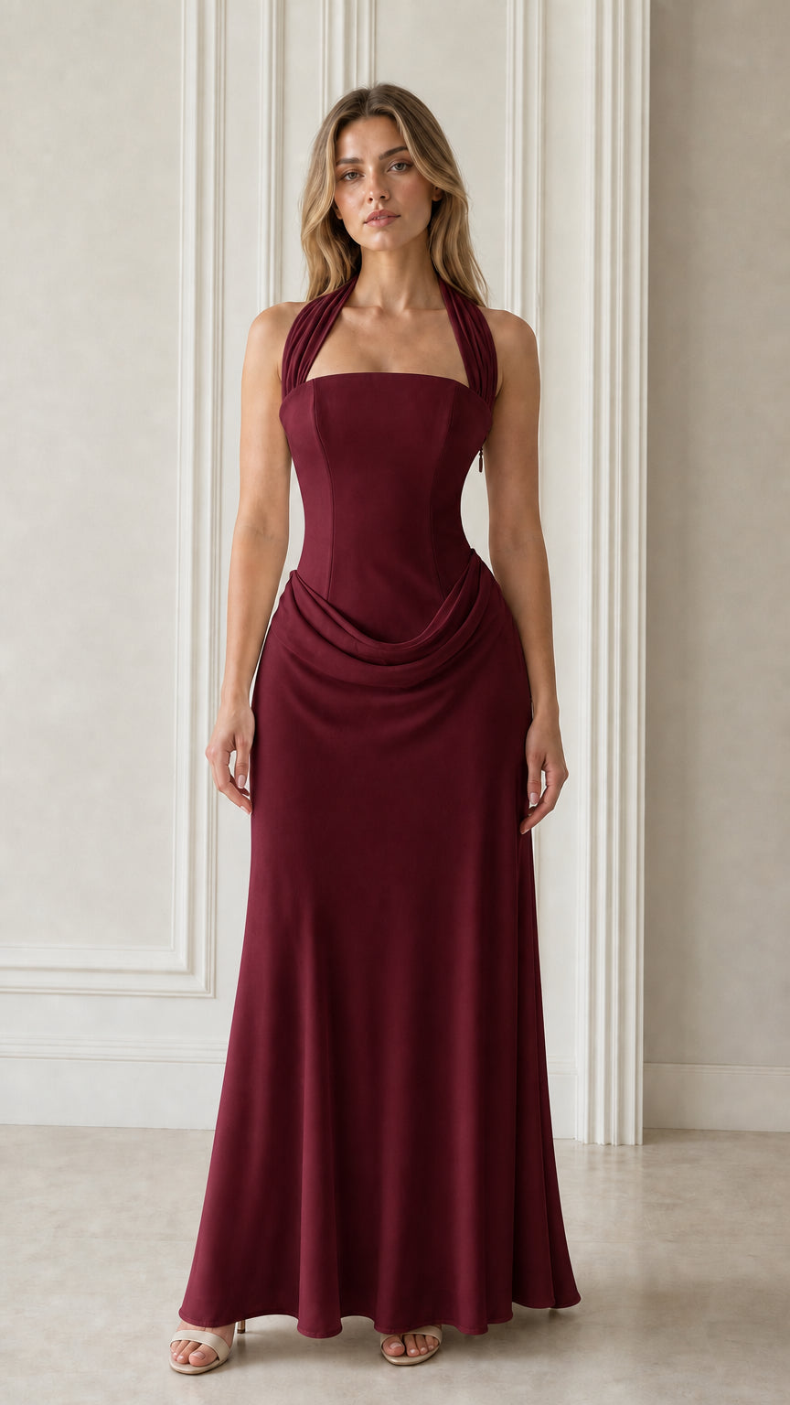 Burgundy wine halter neck formal evening maxi dress