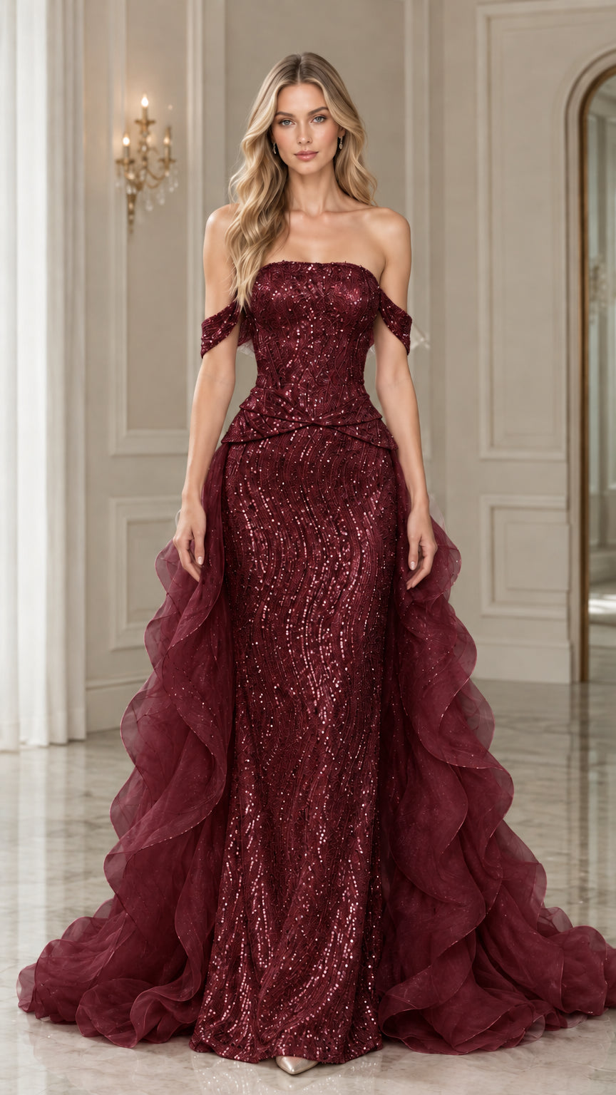 Burgundy wine red off-shoulder sequin mermaid gown with layered side ruffles