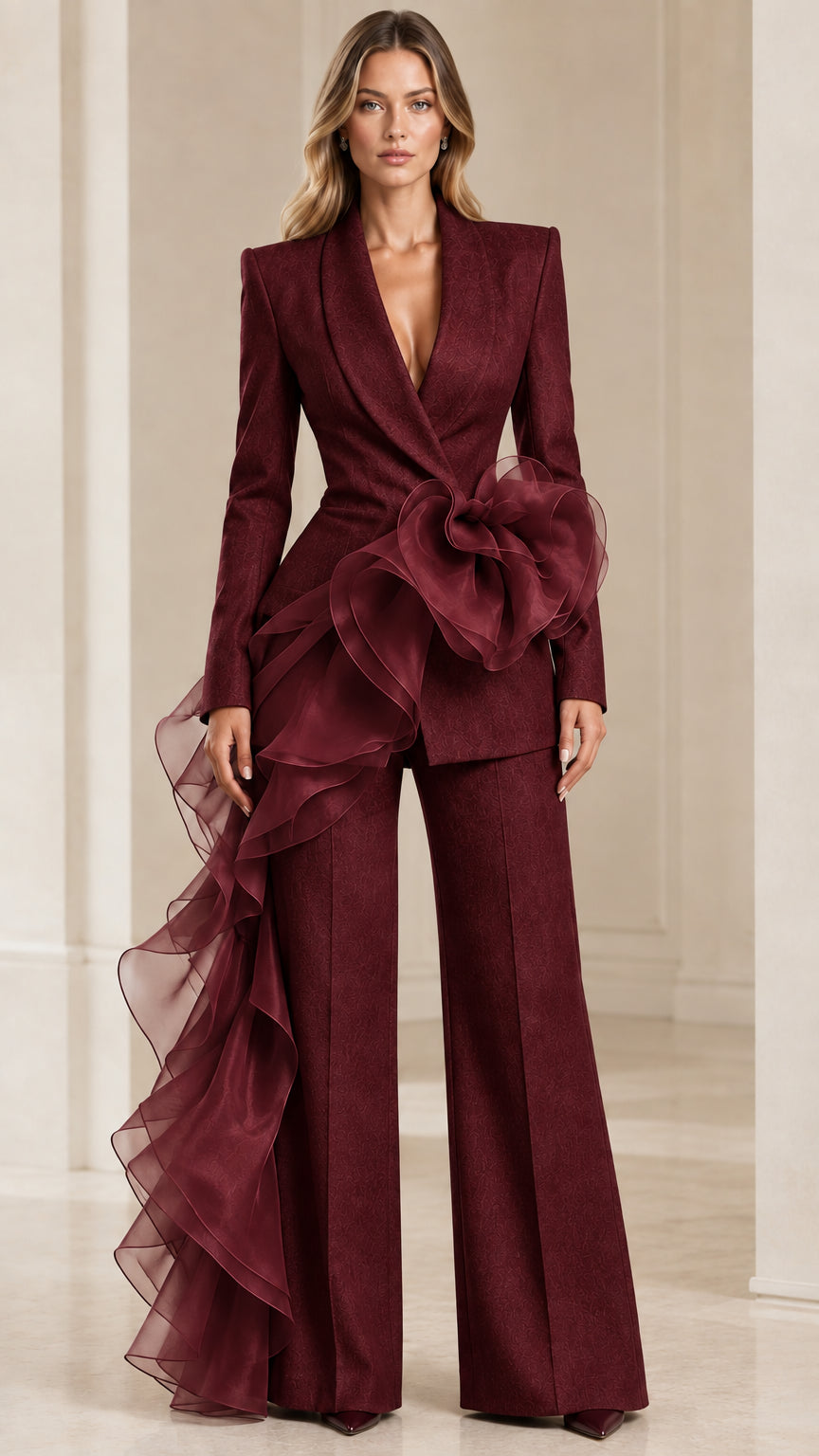 Front view of model wearing burgundy wine red ruffle evening blazer and matching pants